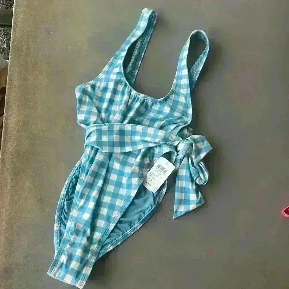 Windsor Blue White Gingham Tie Waist Open Back Pull On One Piece Swimsuit Size S